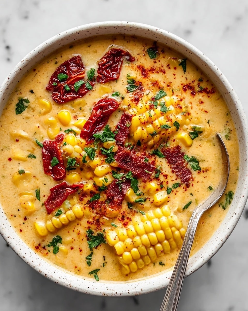 Sun Dried Tomato Corn Chowder with Goat Cheese Croutons Recipe - Recipe Image